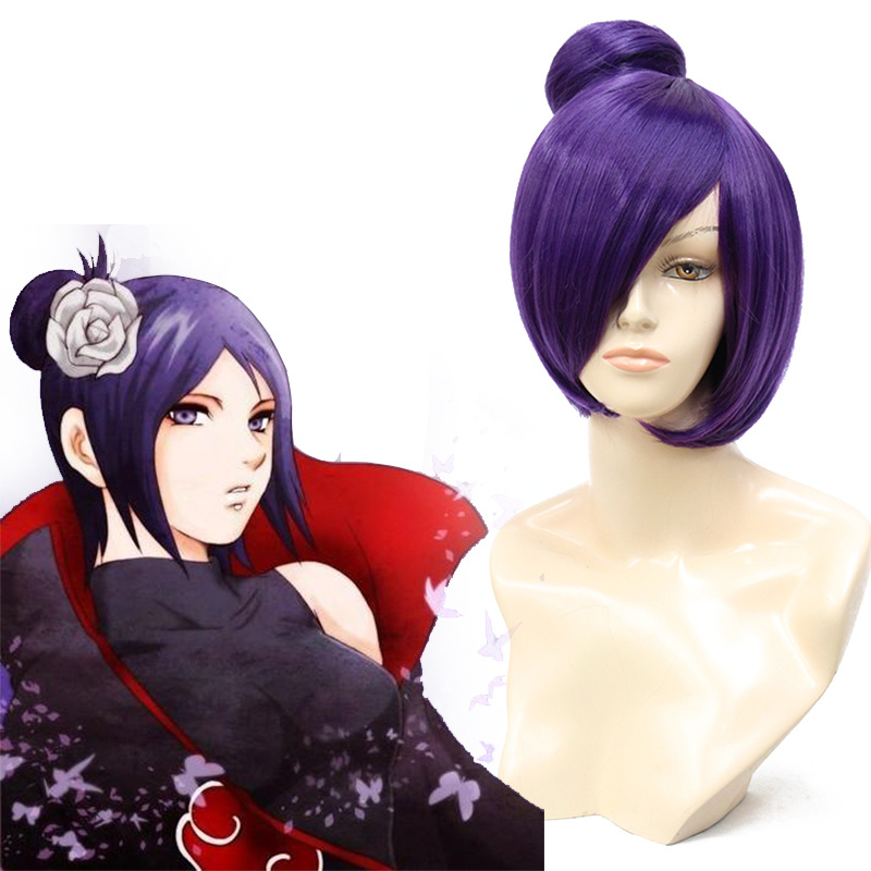 cosplay紫色短直发假发火影忍者小南带发包可拆斜刘海化纤头套