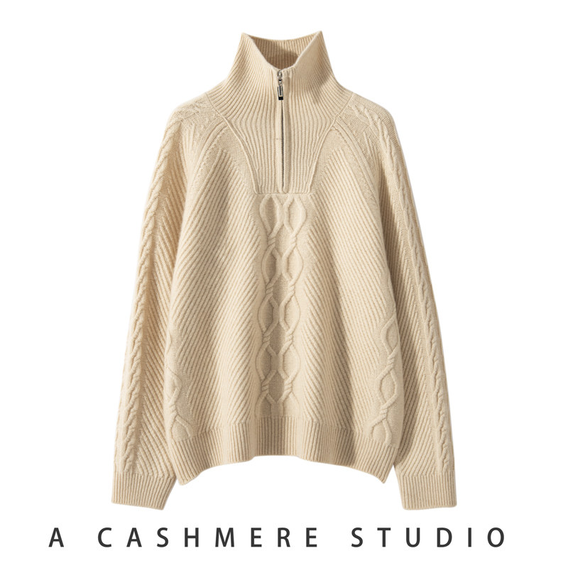 高级感韩版新款山羊绒衫女半拉链立领宽松慵懒风针织毛衣麻花打底