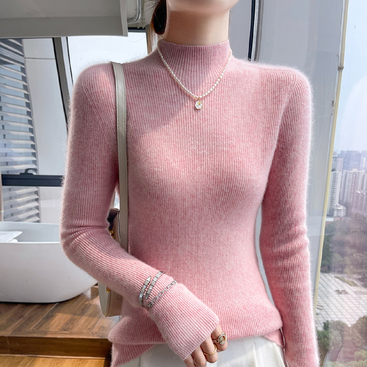 女士半高领100纯山羊绒衫保暖洋气针织衫无缝毛衣修身显瘦打底衫