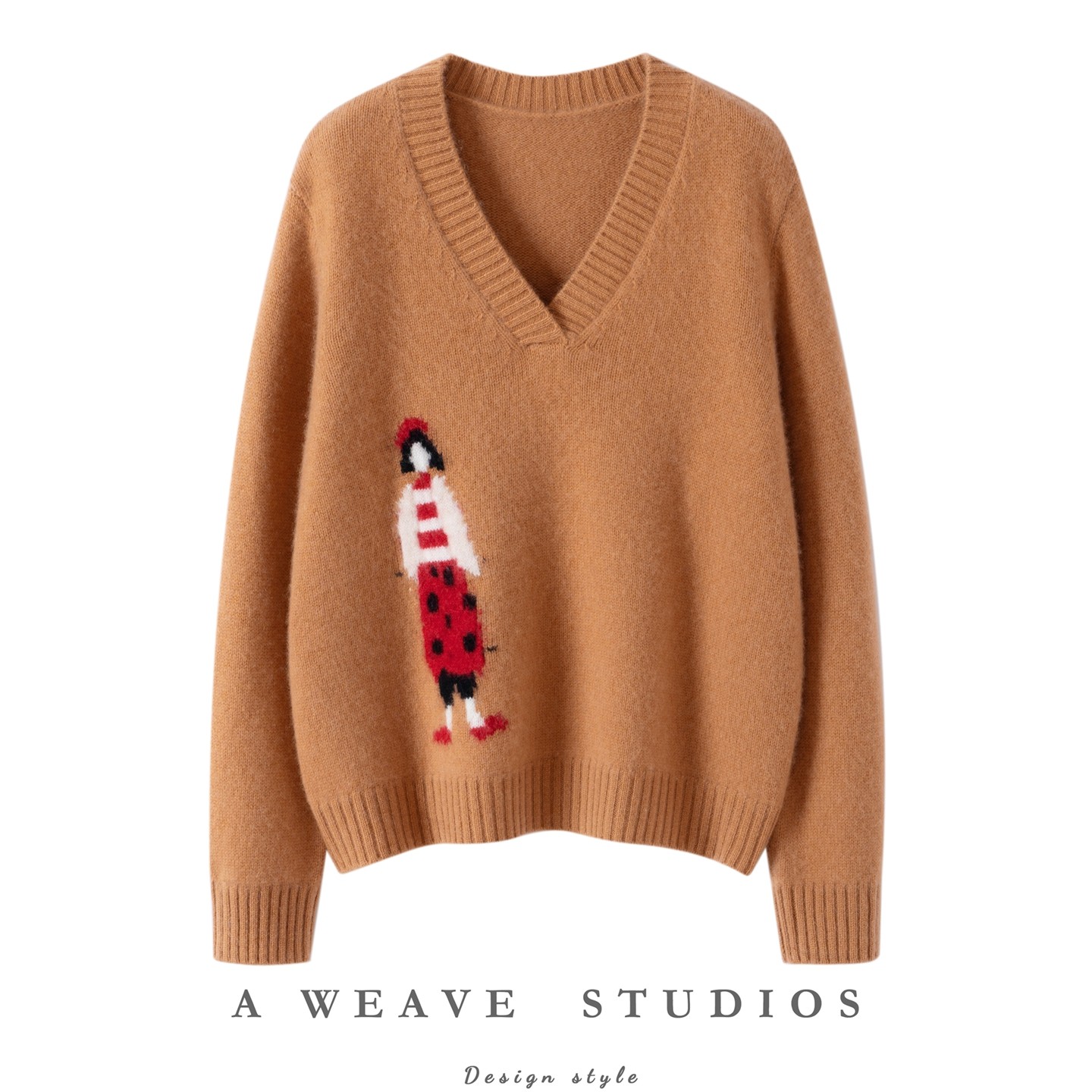 高级感韩版新款山羊绒衫女V领加厚宽松慵懒风针织毛衣卡通打底衫