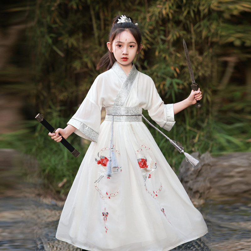 儿童汉服女童中国风超仙白色超飒女侠古装女孩古风花木兰剑客薄款 - 实物图