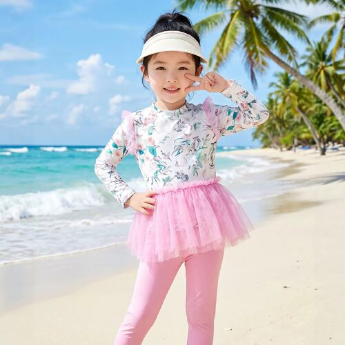 女童长袖防晒分体泳衣套装