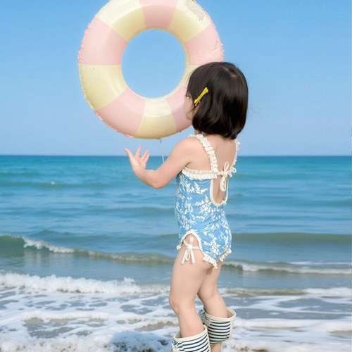 女童蝴蝶结泳衣夏季女宝宝碎花连体泳衣裤速干韩版女孩海边游泳装