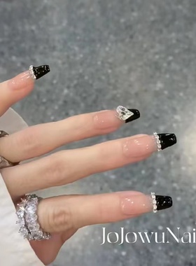 手工穿戴甲黑色链条钻大爱心夏季新款美甲纯手工穿戴甲