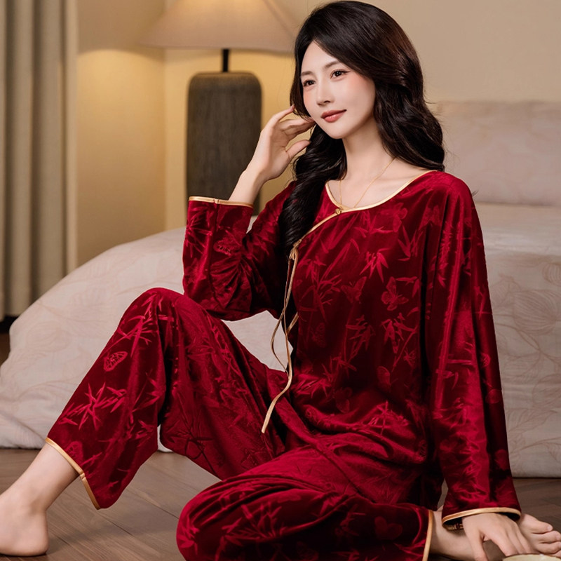 2025新款秋冬季女款长袖新中式红色金丝绒睡衣套装妈妈本命年礼物