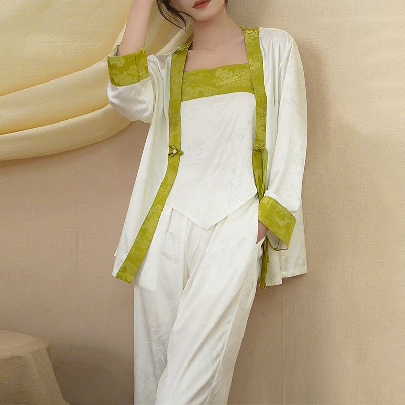 2026新款春秋季新中式冰丝睡衣套装女款古风性感吊带三件套可外穿