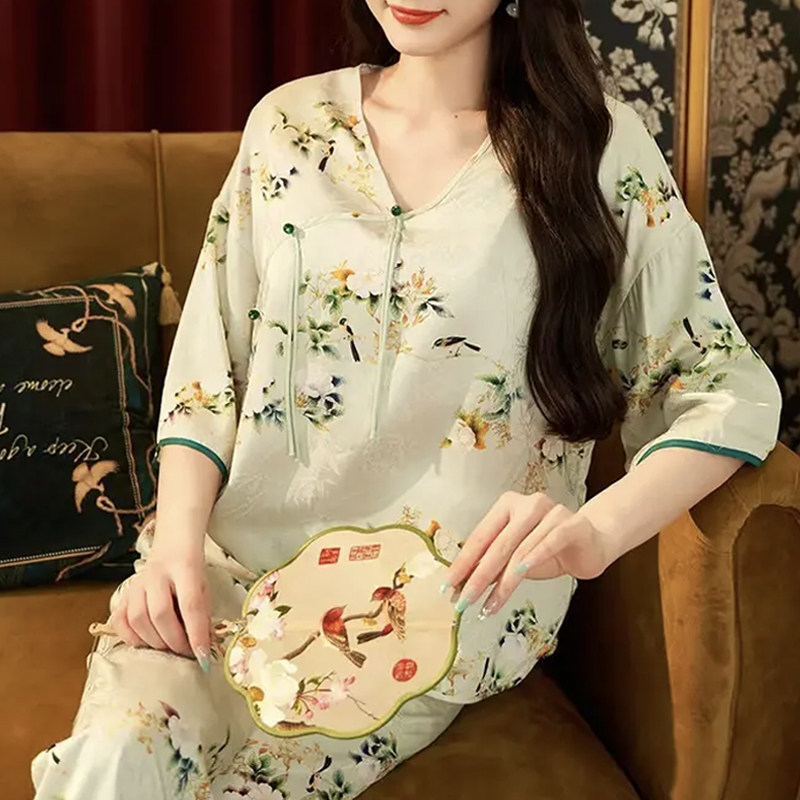 2026新款春秋季冰丝绸睡衣女款夏季短袖新中式家居服套装妈妈礼物