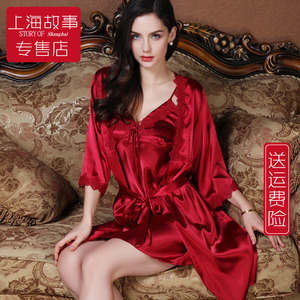 上海故事春秋睡衣女款冰丝绸红色新娘结婚睡袍性感吊带睡裙带胸垫