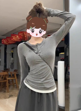 美式复古灰色长袖T恤女秋新款慵懒风撞色修身假两件显瘦打底上衣