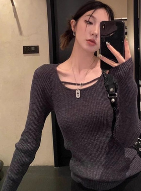 灰色长袖打底衫毛衣2025秋冬季新款修身软糯辣妹性感针织上衣ins