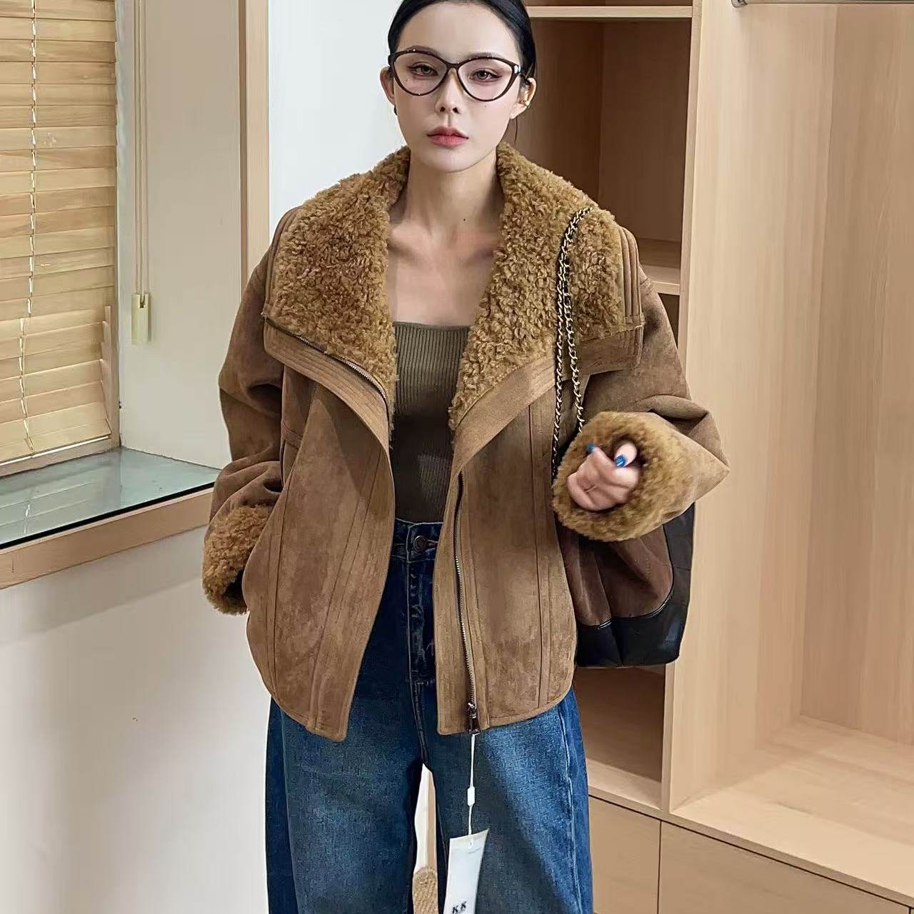 复古皮毛一体短外套女加厚羊羔绒