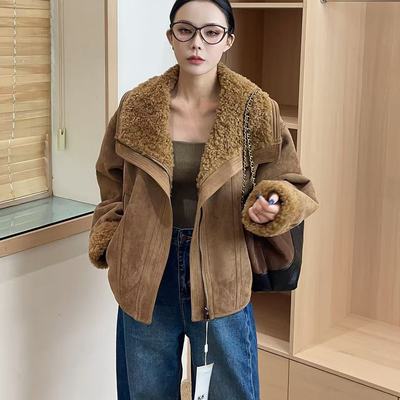 复古皮毛一体短外套女加厚羊羔绒