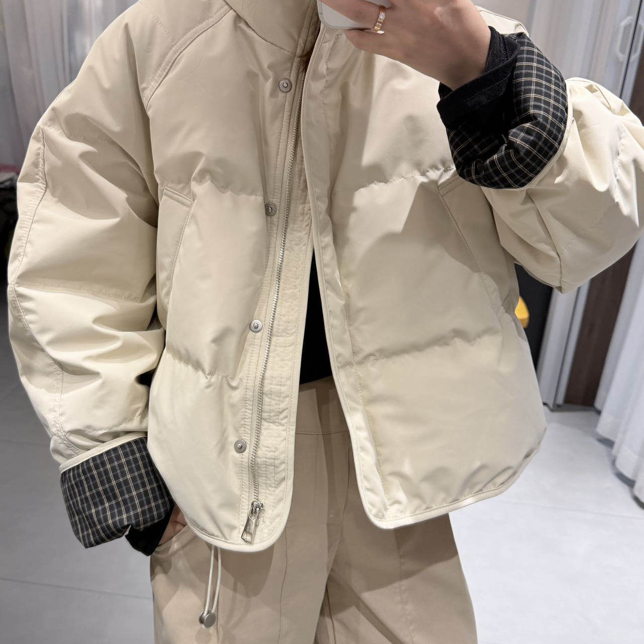 韩系立领拼接袖子羽绒服女冬季短款宽松保暖外套粉色面包服27985