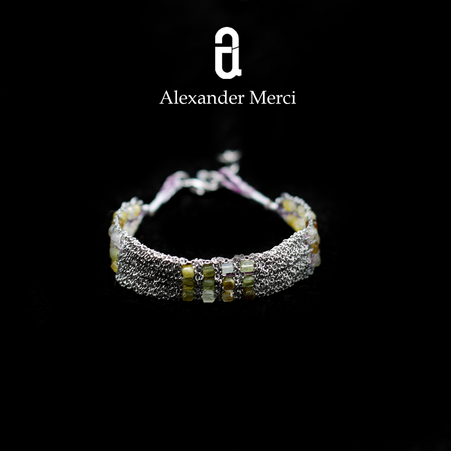 意大利订单款天然石手工编织复古高级银镀金手链 AD25S10305