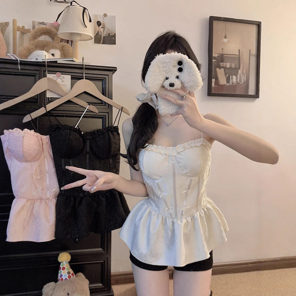 法式小吊带背心女带胸垫性感美背一字领娃娃衫收腰设计感外穿上衣