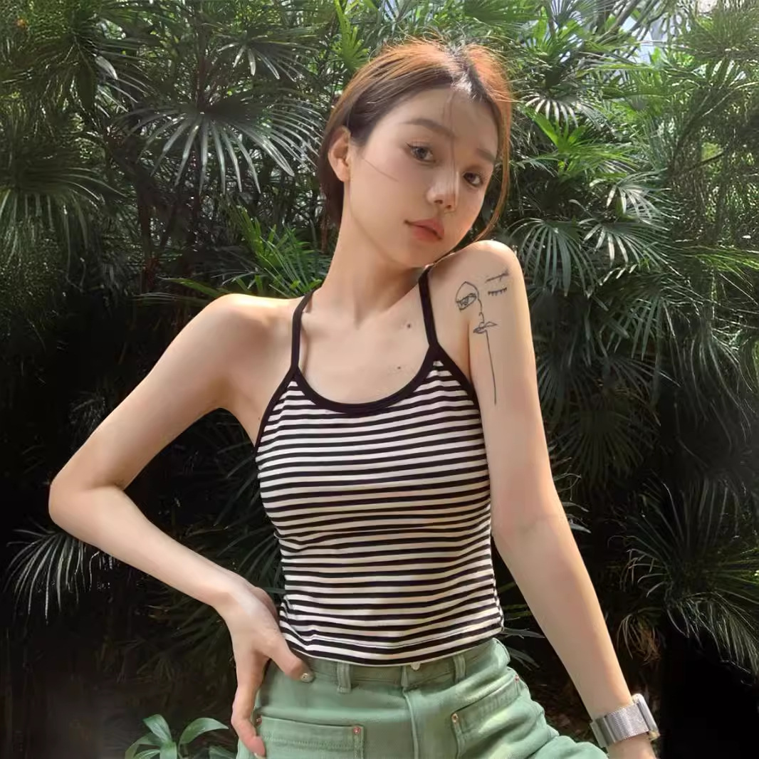 撞色条纹小吊带背心女夏交叉性感美背带胸垫网红爆短款露背上衣