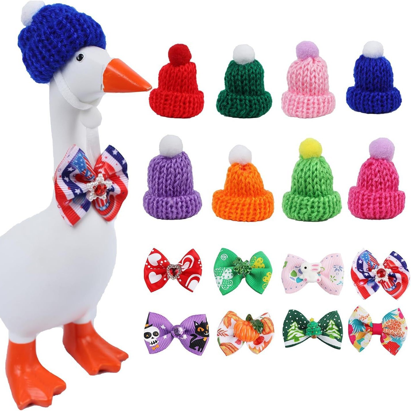 亚马逊8件套冬日迷你鹅毛线帽7英寸桌面鹅服饰针织帽子蝴蝶结套装