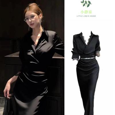 黑色衬衣拼接蕾丝包臀裙两件套