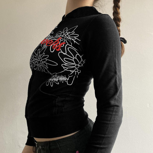 复古刺绣花纹连帽领拉链开衫外套个性亚文化辣妹女装秋季休闲上衣