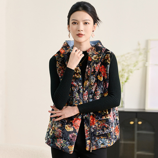 香沐兰2025新款极繁新中式连帽碎花马甲女丝绒夹棉坎肩大码马夹