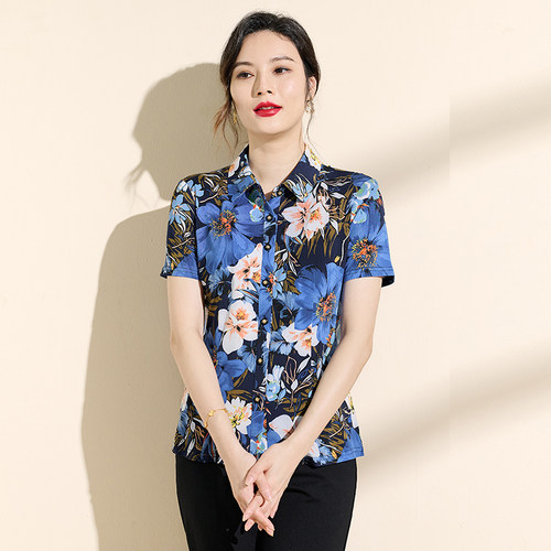 香沐兰洋气碎花短袖衬衫女夏季高贵冰丝透气妈妈装修身显瘦上衣