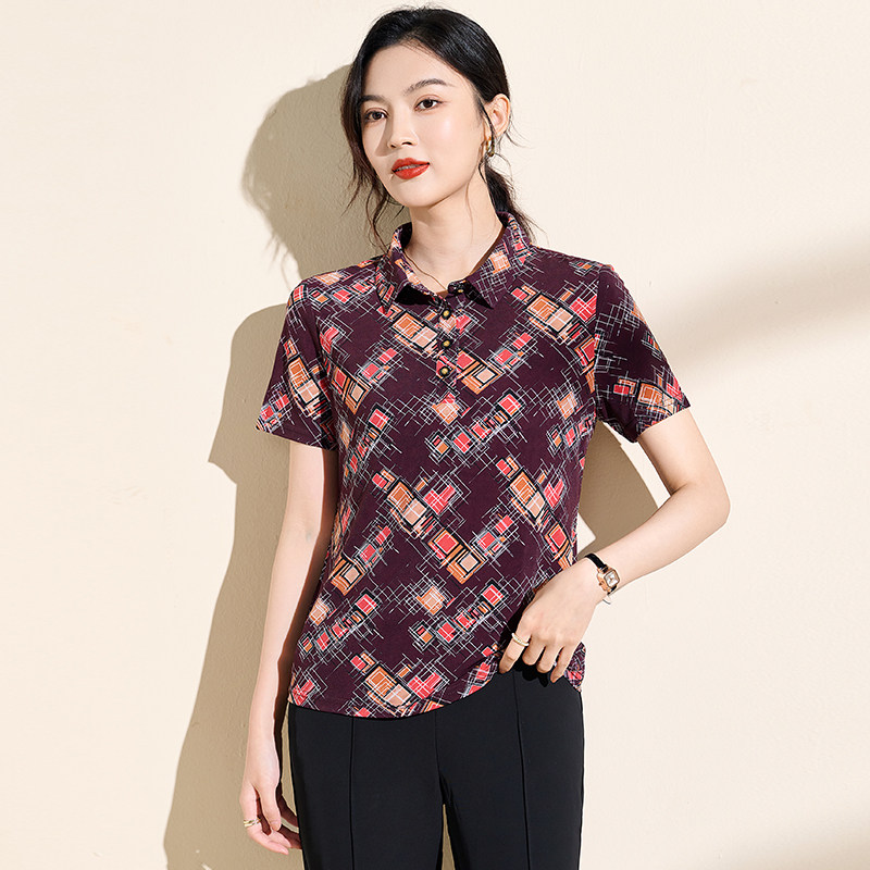 香沐兰淑女风印花polo领短袖衬衫女夏季显瘦洋气上衣