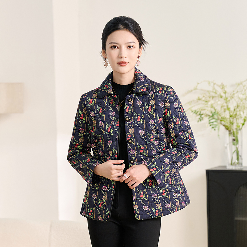 香沐兰2025新款复古印花棉衣女短款小个子保暖棉服外套妈妈装棉袄