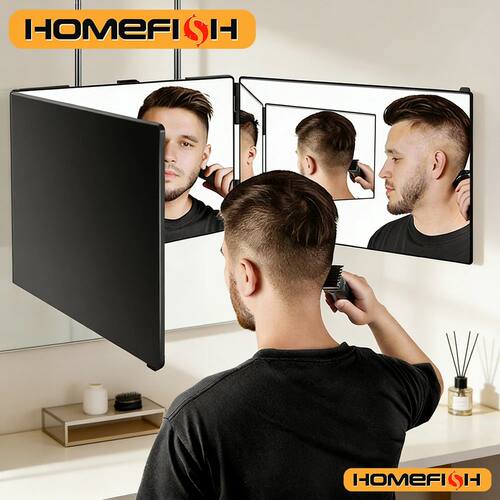 Black Portable 360 Trifold Mirror with Height Adjustable Tel