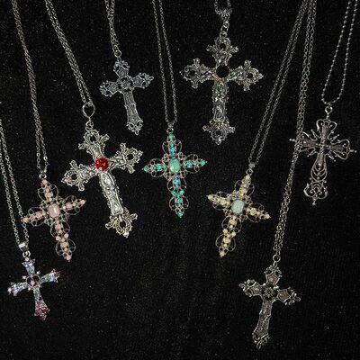 Gothic Big Zircon Cross Necklace Unisex Y2K Irregular Goth L