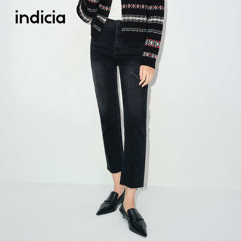 indicia 直筒黑色牛仔裤女修身休闲裤子棉弹长裤春秋季标记女装