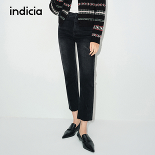 indicia 直筒黑色牛仔裤女修身休闲裤子棉弹长裤春秋季标记女装