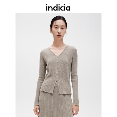indicia标记纯棉针织衫女驼色V领纯色修身上衣24秋季新款时尚女装