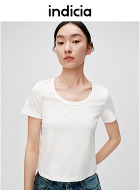indicia 标记女装纯色t恤上衣低圆领简约女夏季新款C6B405TX054