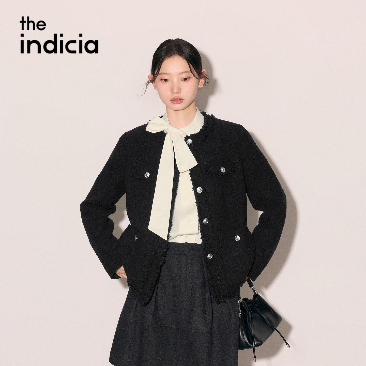 indicia标记黑色羊毛小香风外套直筒2026冬季新款女装L2D6WT353Z