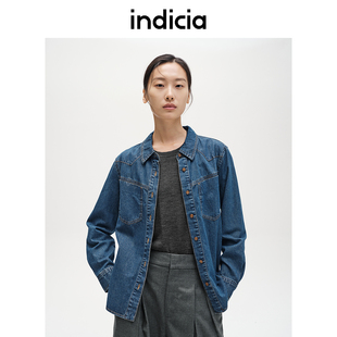 indicia标记商场女装 水洗蓝F2C4CS485N 春秋复古纯棉做旧牛仔衬衫