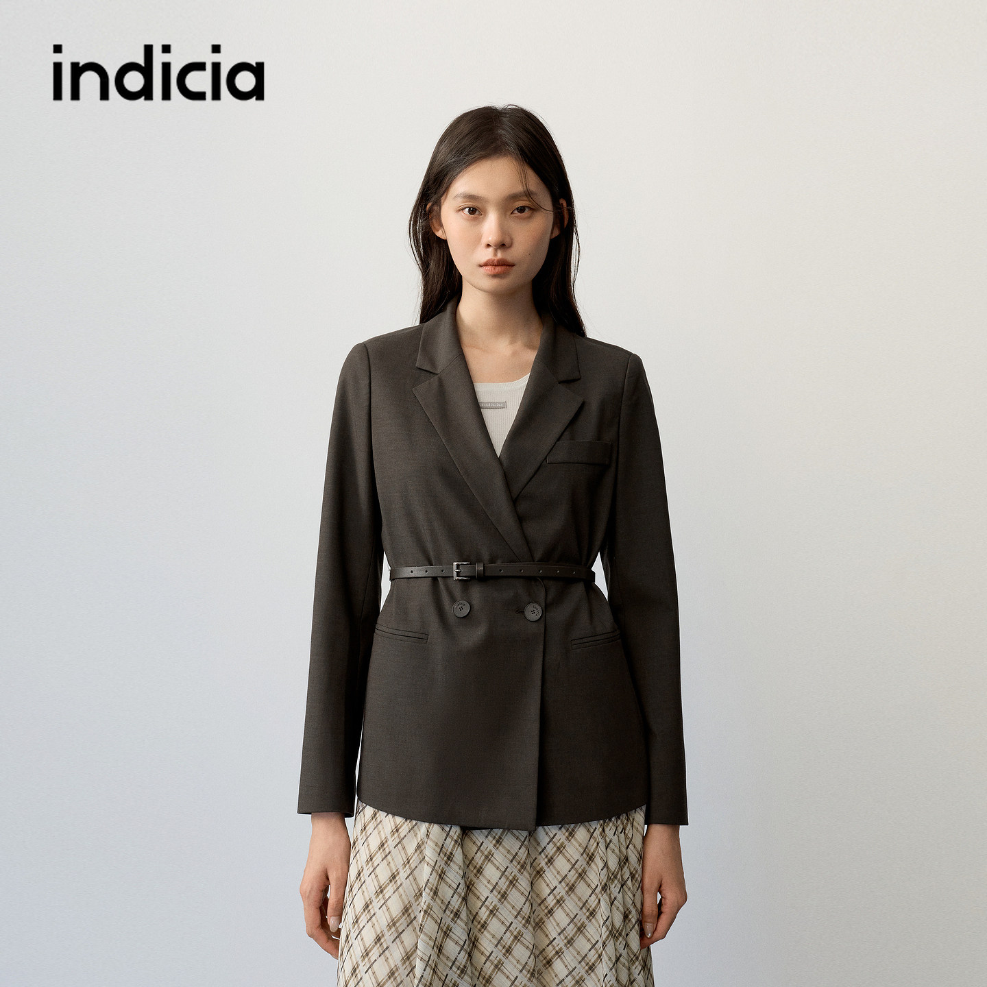 indicia标记商场同款2026秋季新款女装咖色西装外套腰带时尚职业