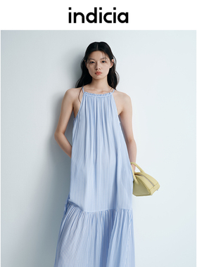 indicia标记25夏新款慵懒吊带背心连衣裙粘纤蓝色条纹女L2B5LQ112