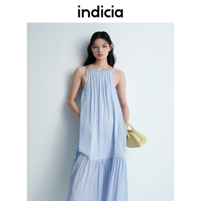 indicia标记25夏新款慵懒吊带背心连衣裙粘纤蓝色条纹女L2B5LQ112