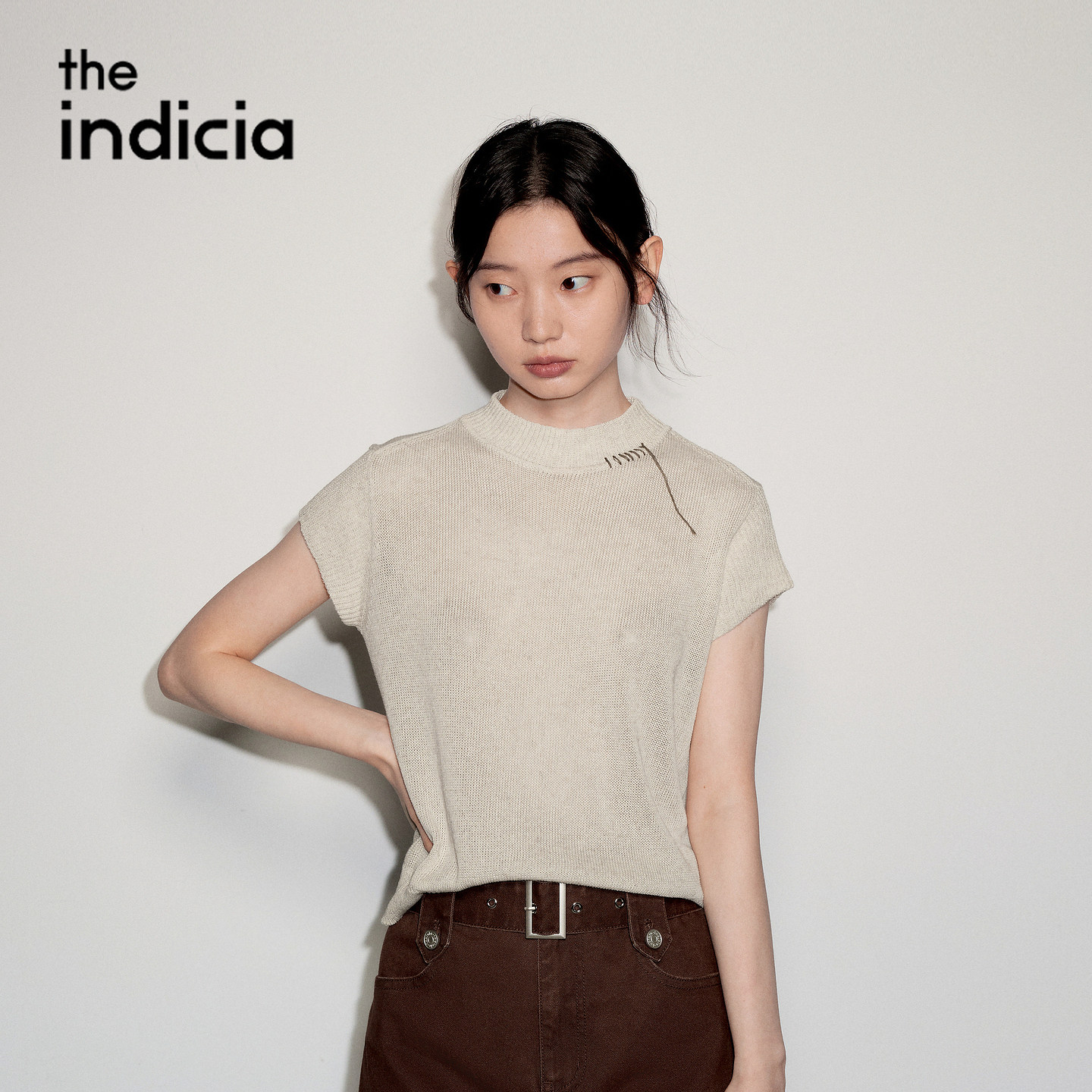 indicia标记商场同款2026秋季女装杏色针织衫短袖上衣L2C6ZZ226Z