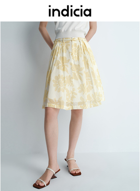 indicia标记25夏新款纯棉印花半身裙黄色花卉中裙子女装L2B5QZ097