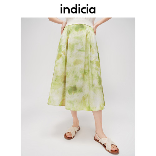 indicia标记纯棉气质绿色印花半身裙夏季新款时尚裙子C6B406QZ111