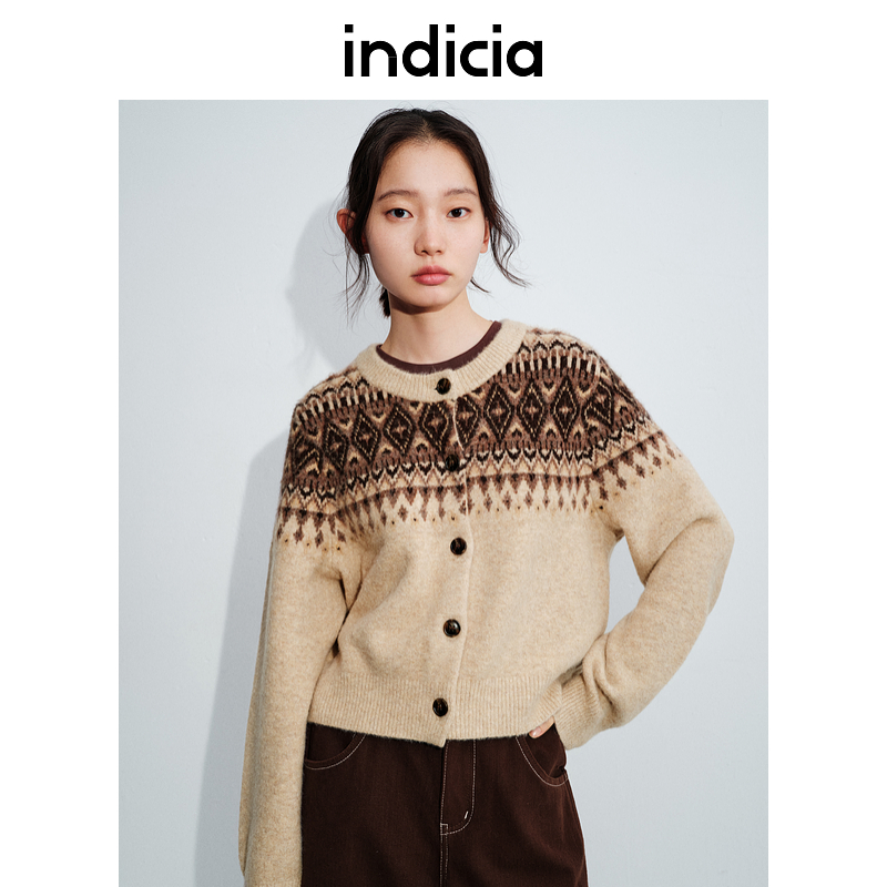 indicia标记24冬新款费尔岛提花毛衣开衫牛角扣针织衫L2D4KS214