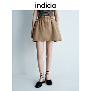 indicia标记25夏新款纯棉半身裙卡其色显瘦复古牛仔短裙L2B5QZ029