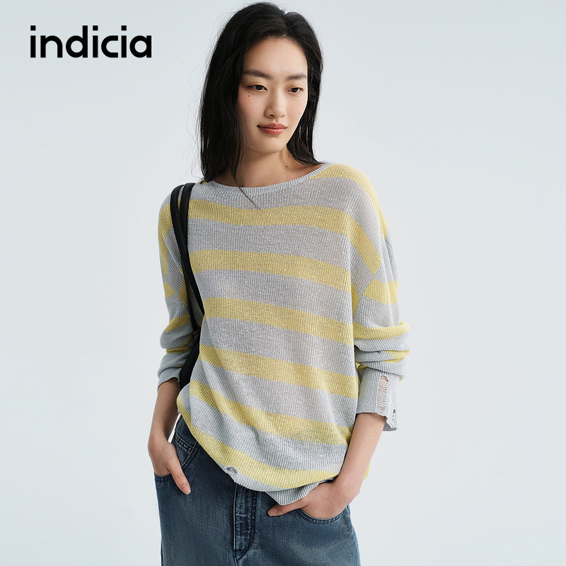 indicia标记商场同款2026夏季新款女装针织衫黄色条纹上衣