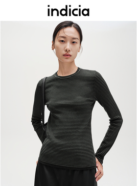 indicia标记商场同款绿色条纹针织圆领长袖春秋季女装F2C4ZZ497F