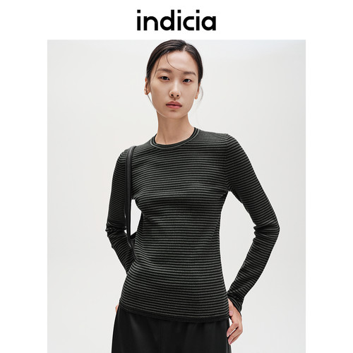 indicia标记商场同款绿色条纹针织圆领长袖春秋季女装F2C4ZZ497F