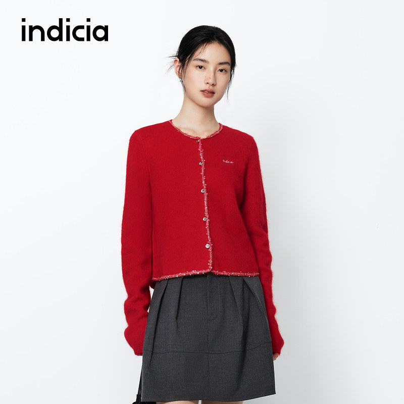 indicia标记商场同款春新年红色针织衫开衫毛衣女装 F2A5KS003C
