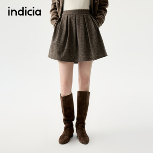 indicia标记25冬新款 A字miu系拼接百褶半身裙花苞短裙L2D5QZ213