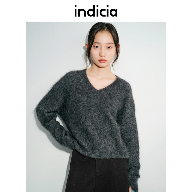 indicia标记24年冬新款深灰羊驼毛混纺套头针织衫V领L2D4MS178