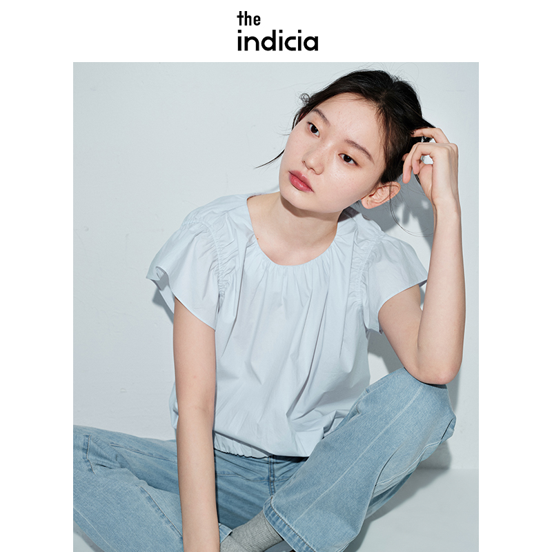 indicia标记夏季新款女装小飞袖短袖t恤甜美小衫抽褶设计感上衣女